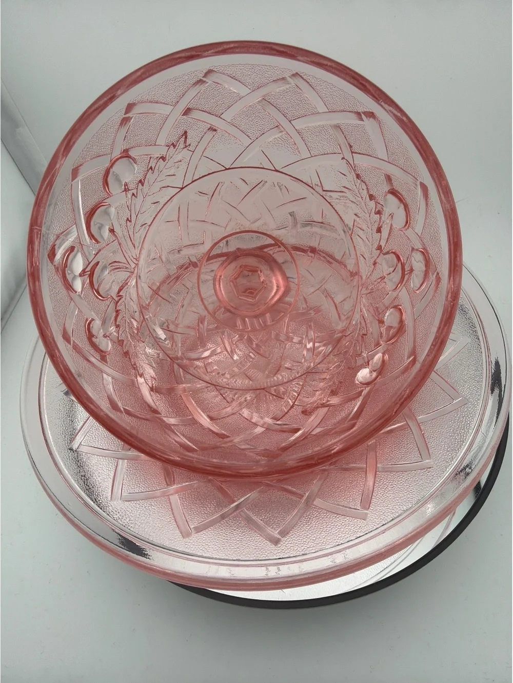 Vtg Mosser pink glass cherry lattice butter dome